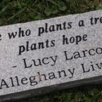 Stone with a quote "He who plants a tree, plants hope - Lucy Larcom Alleghany Lives"